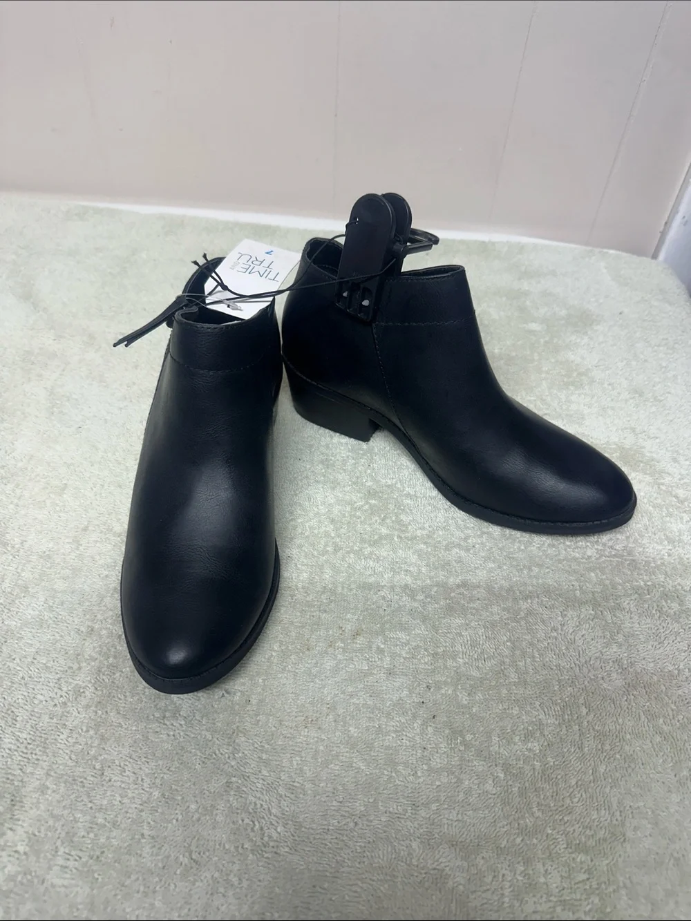 Time and Tru Black Faux Leather Ankle Booties with Low Block Heel